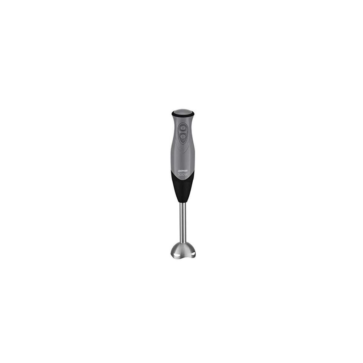 A silver and black hand blender with two buttons and a metal blade.