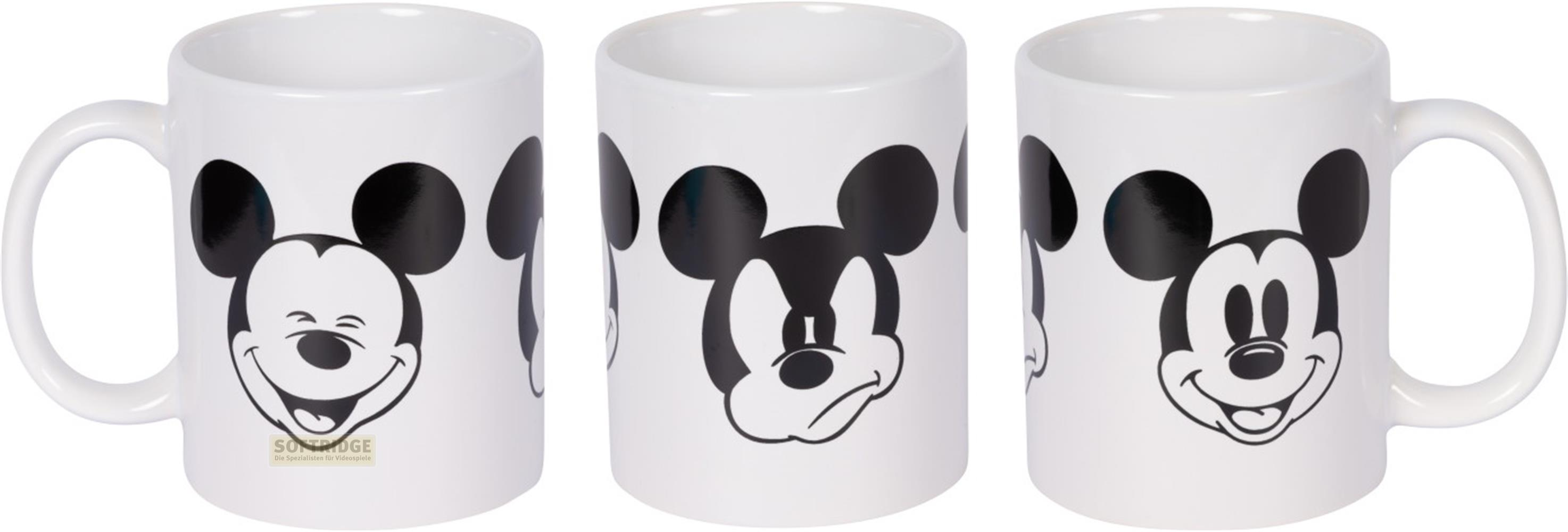 Drei weiße Tassen mit Mickey-Maus-Gesichtern in Schwarz.
