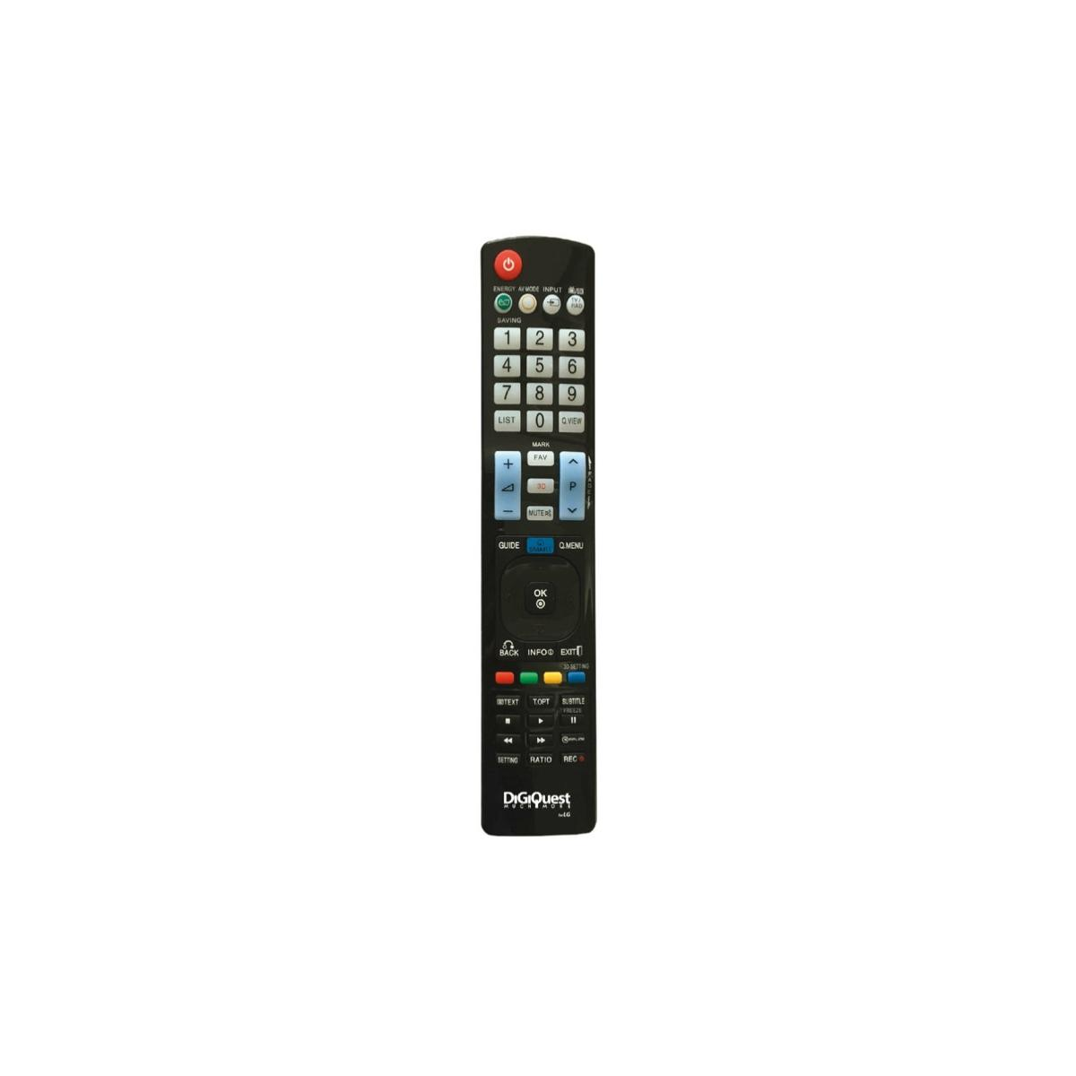 Mando a distancia negro con teclado numérico y botones de menú.