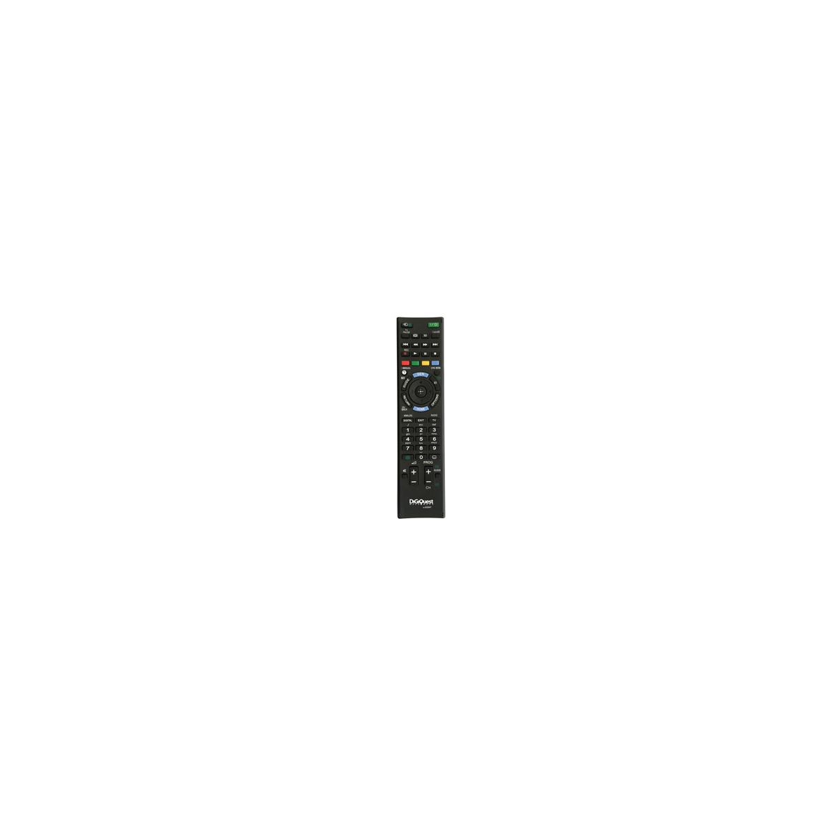 Viene mostrato un telecomando nero con numerosi pulsanti e un display digitale.
