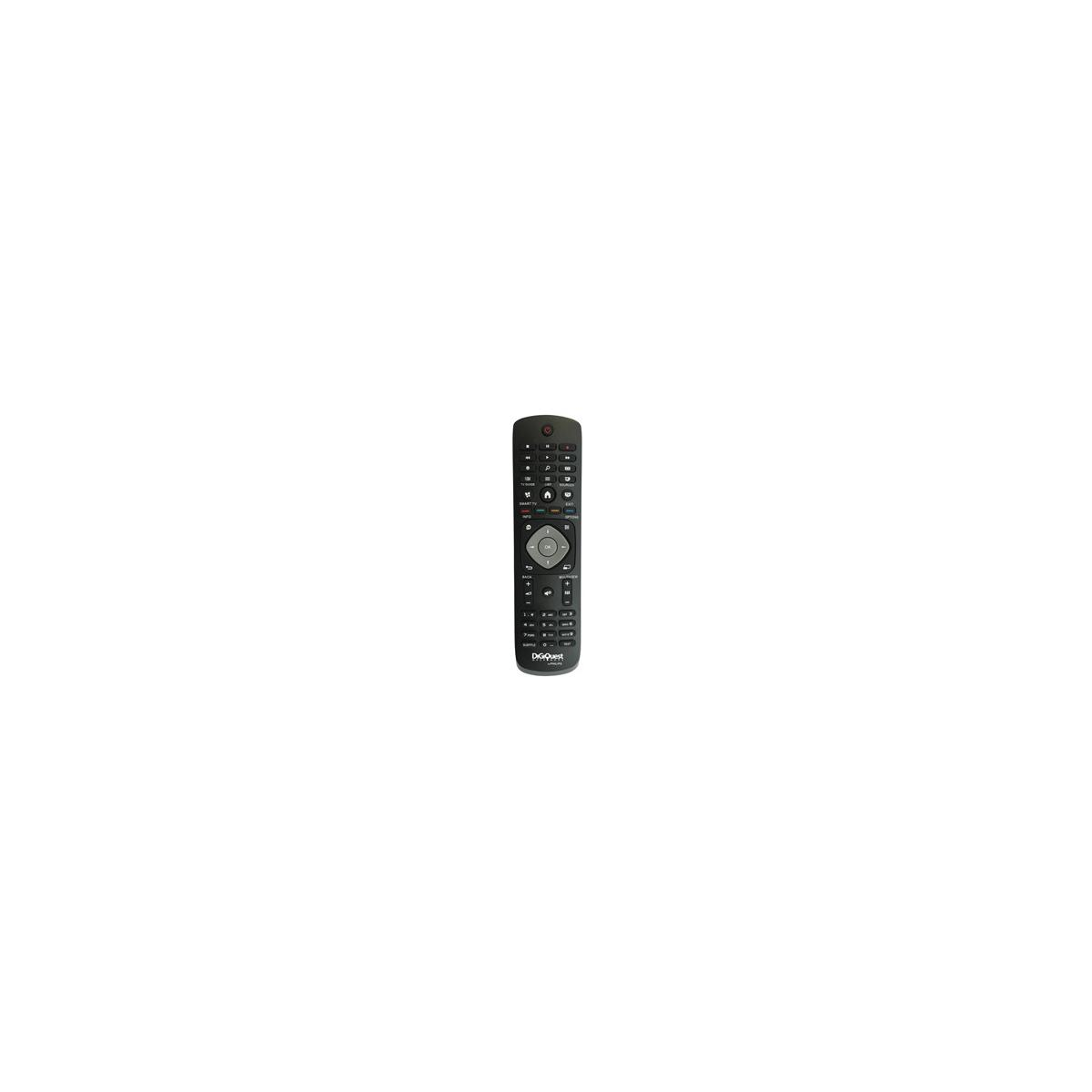 Un mando a distancia negro con muchos botones y un logo de DigiQuest.