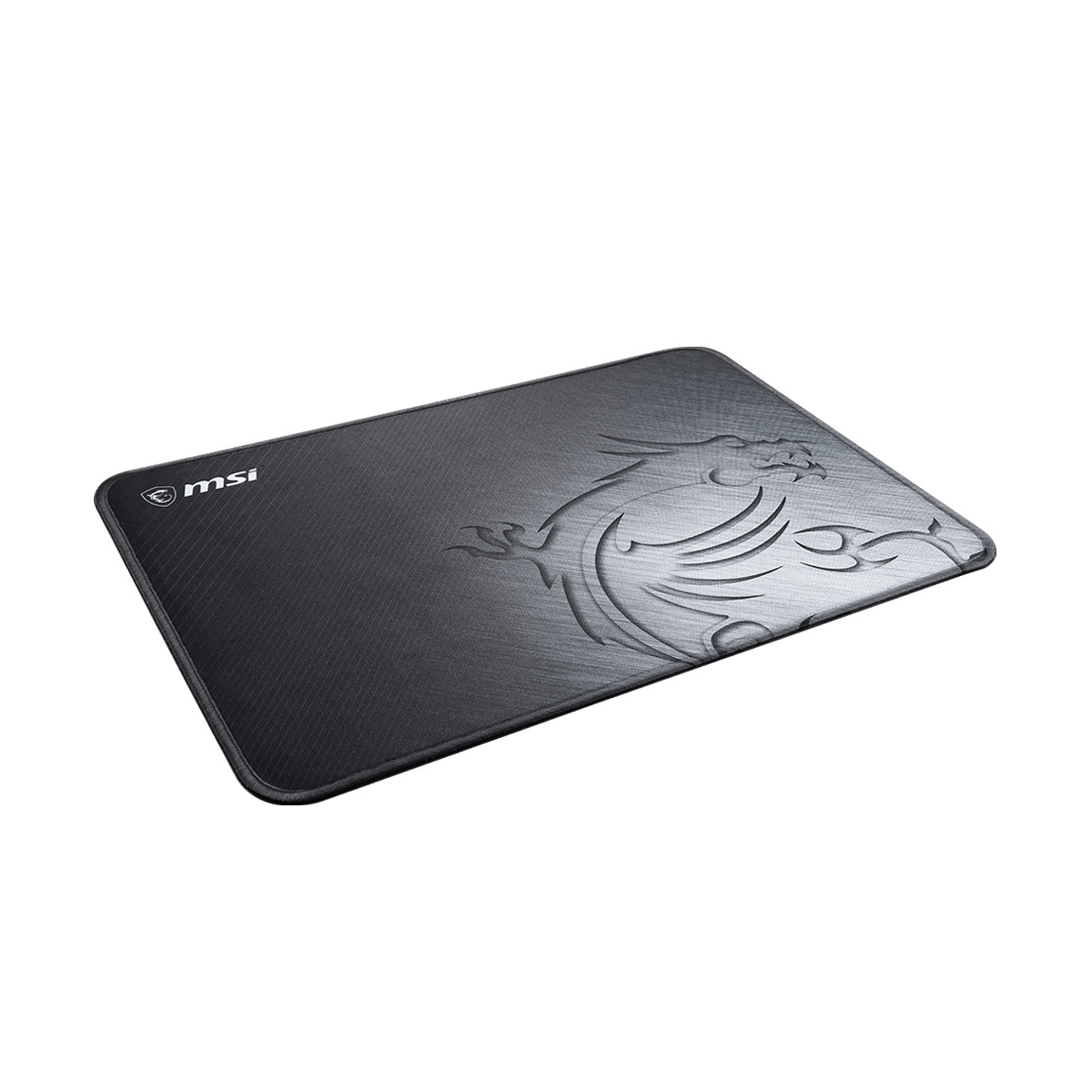 Tapis de souris MSI noir avec emblème de dragon argenté et logo MSI.