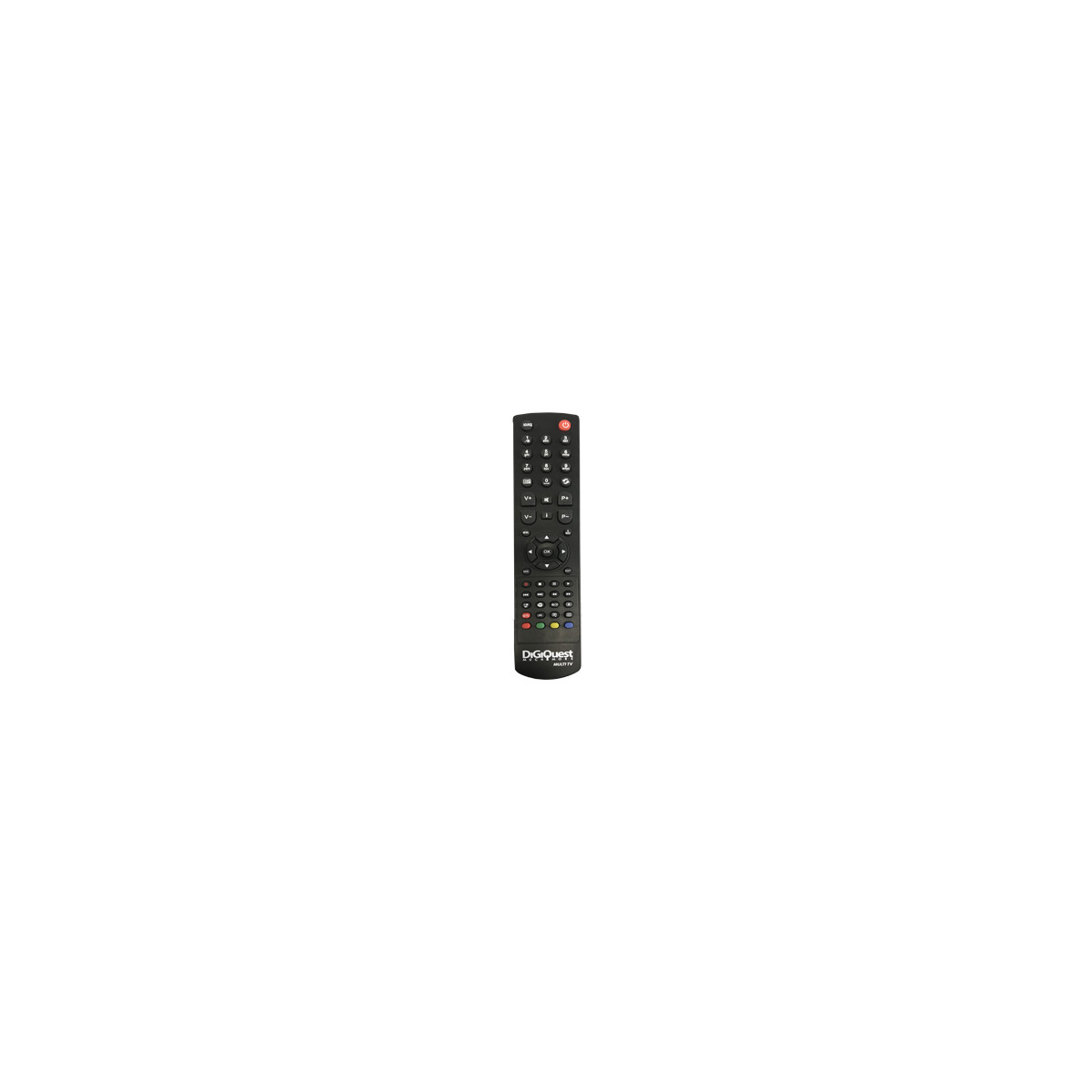 Telecomando nero con pulsanti e logo.