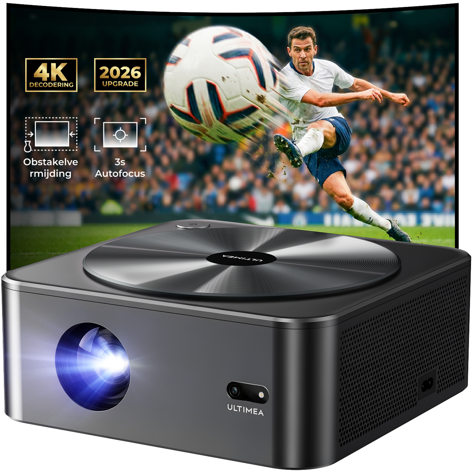Een Ultimea projector met voetbalwedstrijdweergave, 4K-decodering en autofocus.
