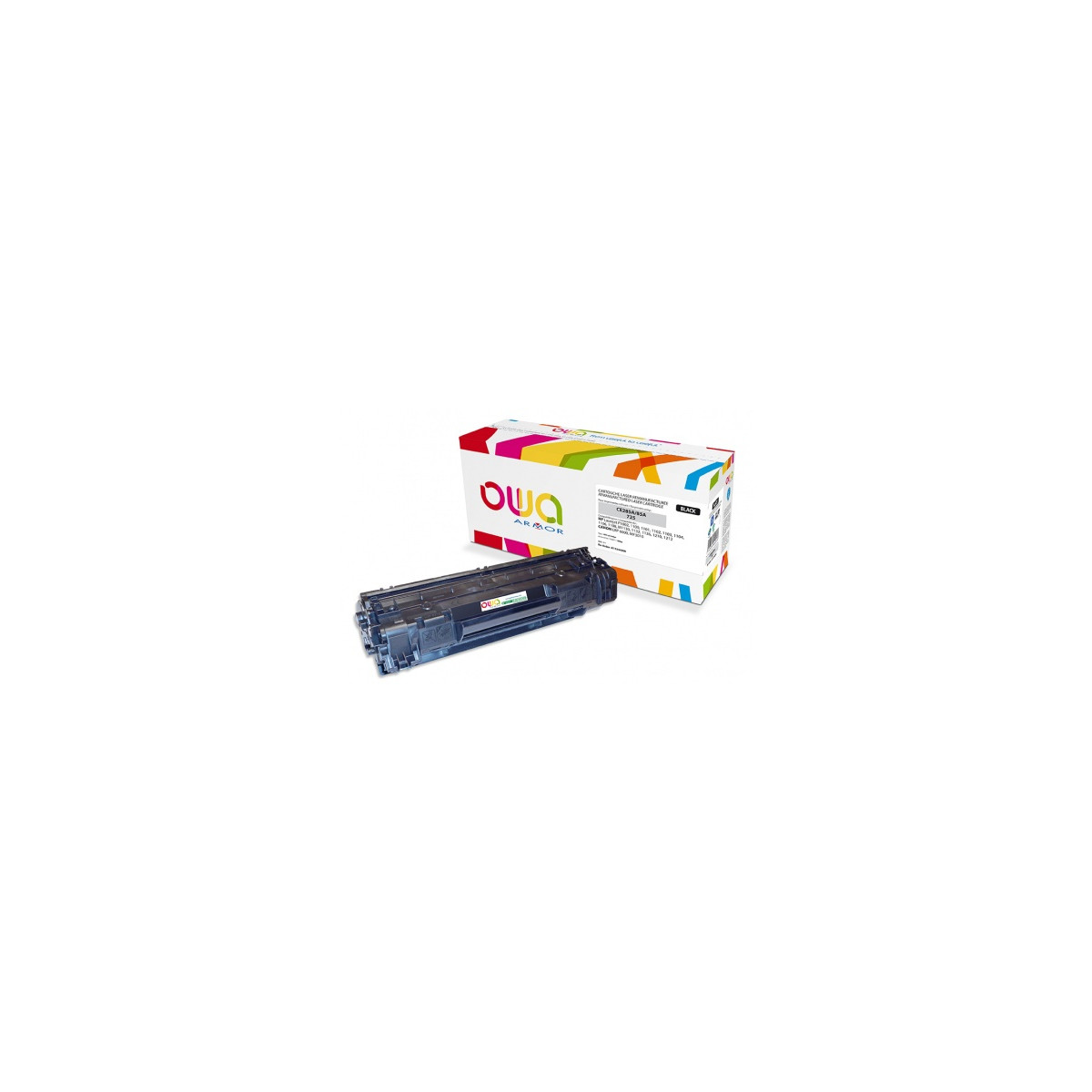 Una cartuccia toner OWA nera giace accanto a una scatola colorata.