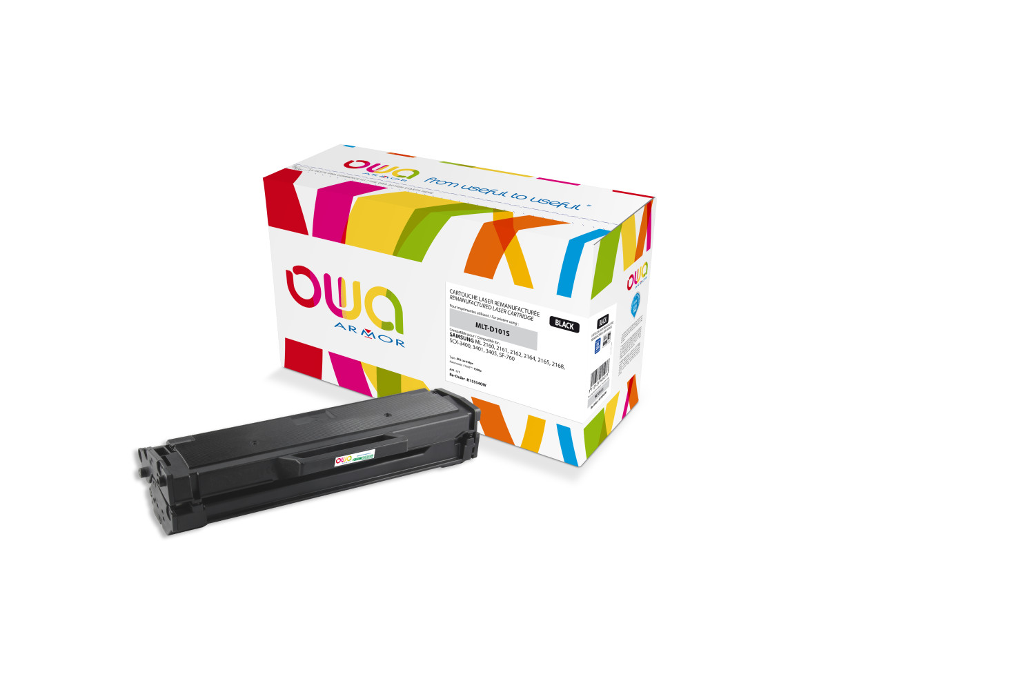 Cartuccia toner laser nera e scatola OWA colorata su sfondo bianco.