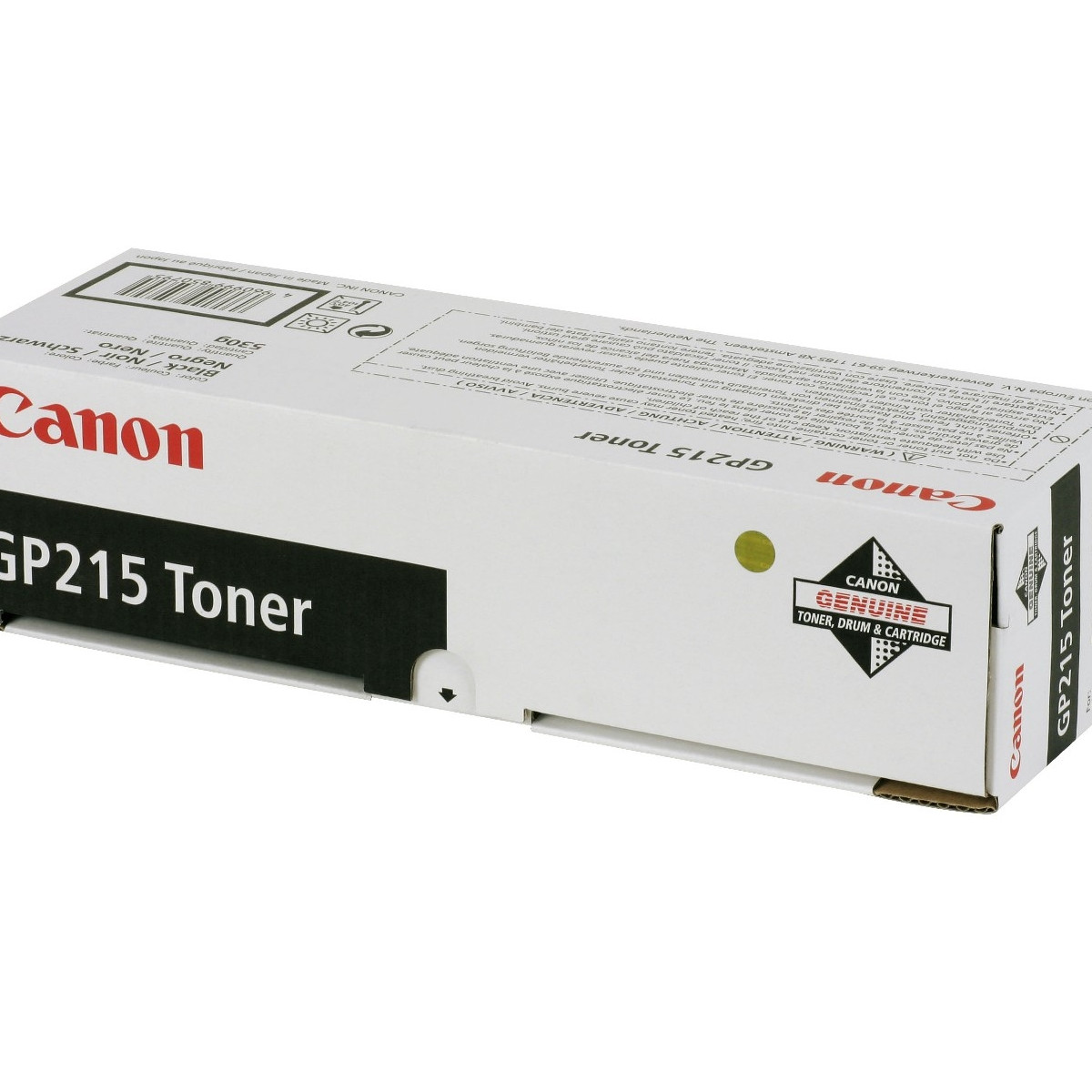 Caja de tóner Canon GP215 con etiquetas de advertencia e información del producto.