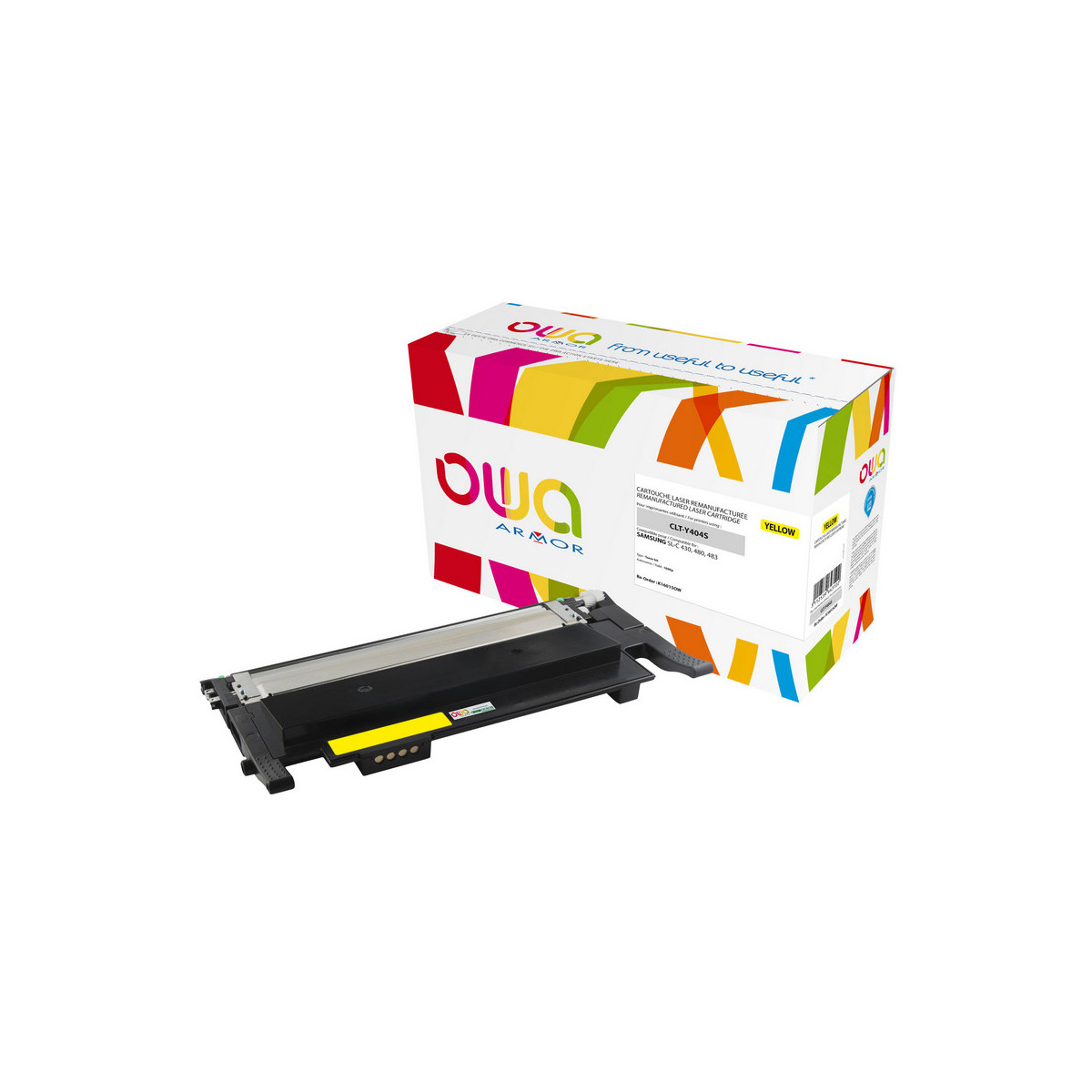 Una cartuccia toner gialla e una scatola OWA a strisce colorate.