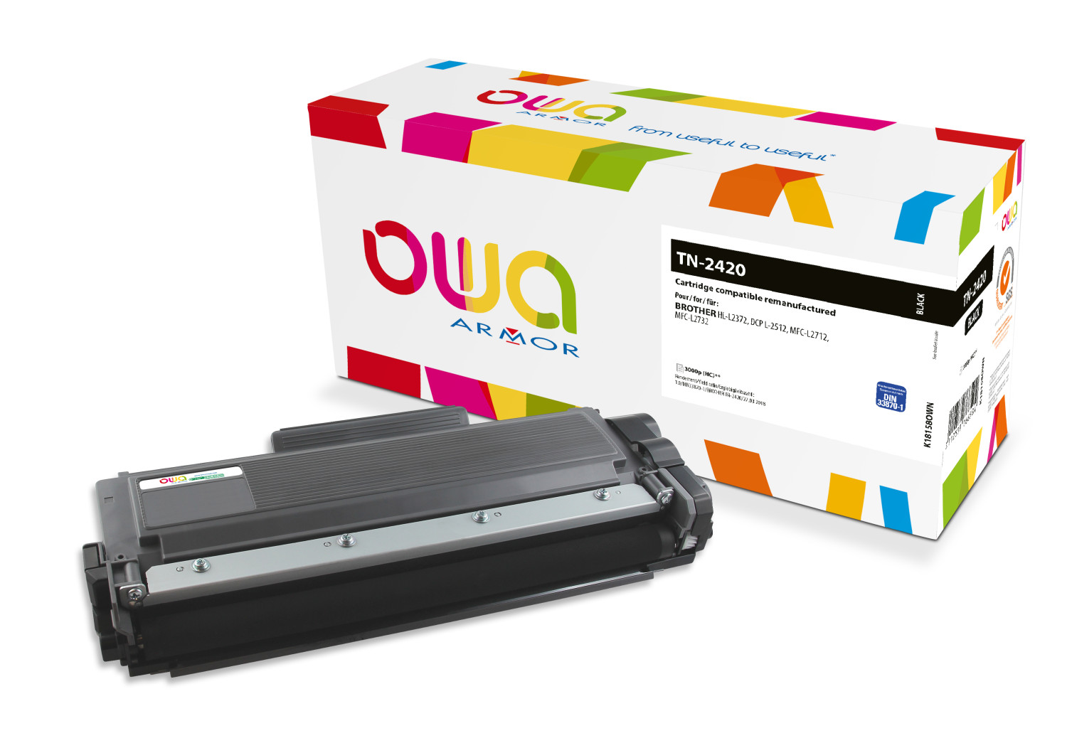 Una cartuccia toner nera e una scatola OWA colorata.