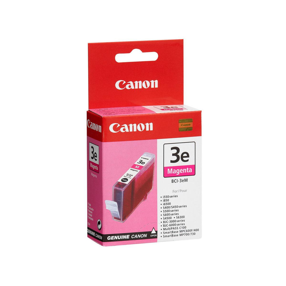 Scatola cartuccia inchiostro Canon 3e Magenta con inchiostro all'interno.