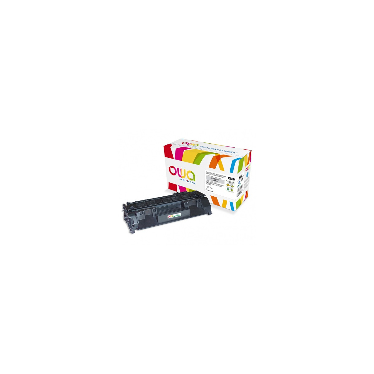 Una cartuccia toner nera e una scatola OWA colorata su sfondo bianco.