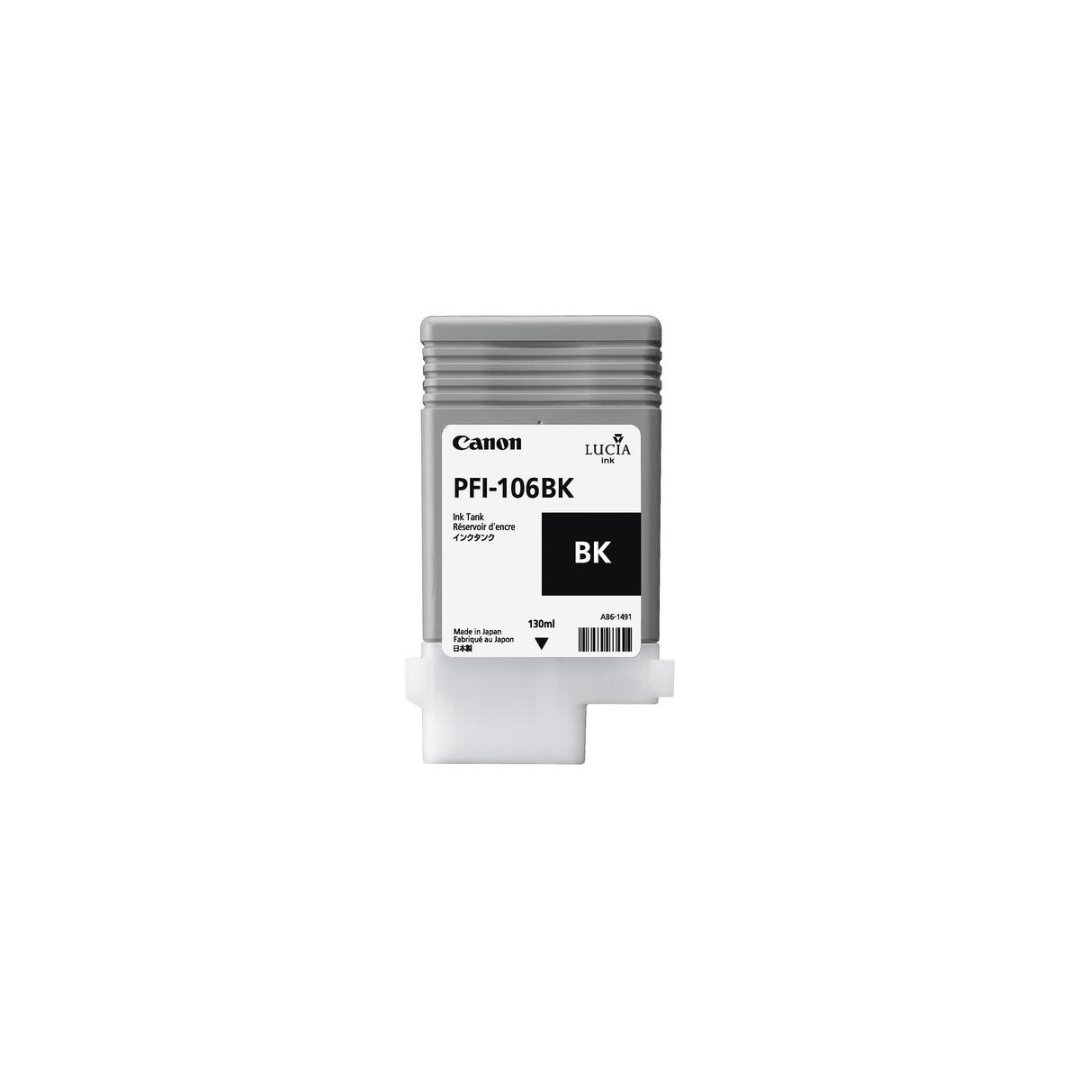 Grijze Canon PFI-106BK inktcartridge met zwarte BK tekst.