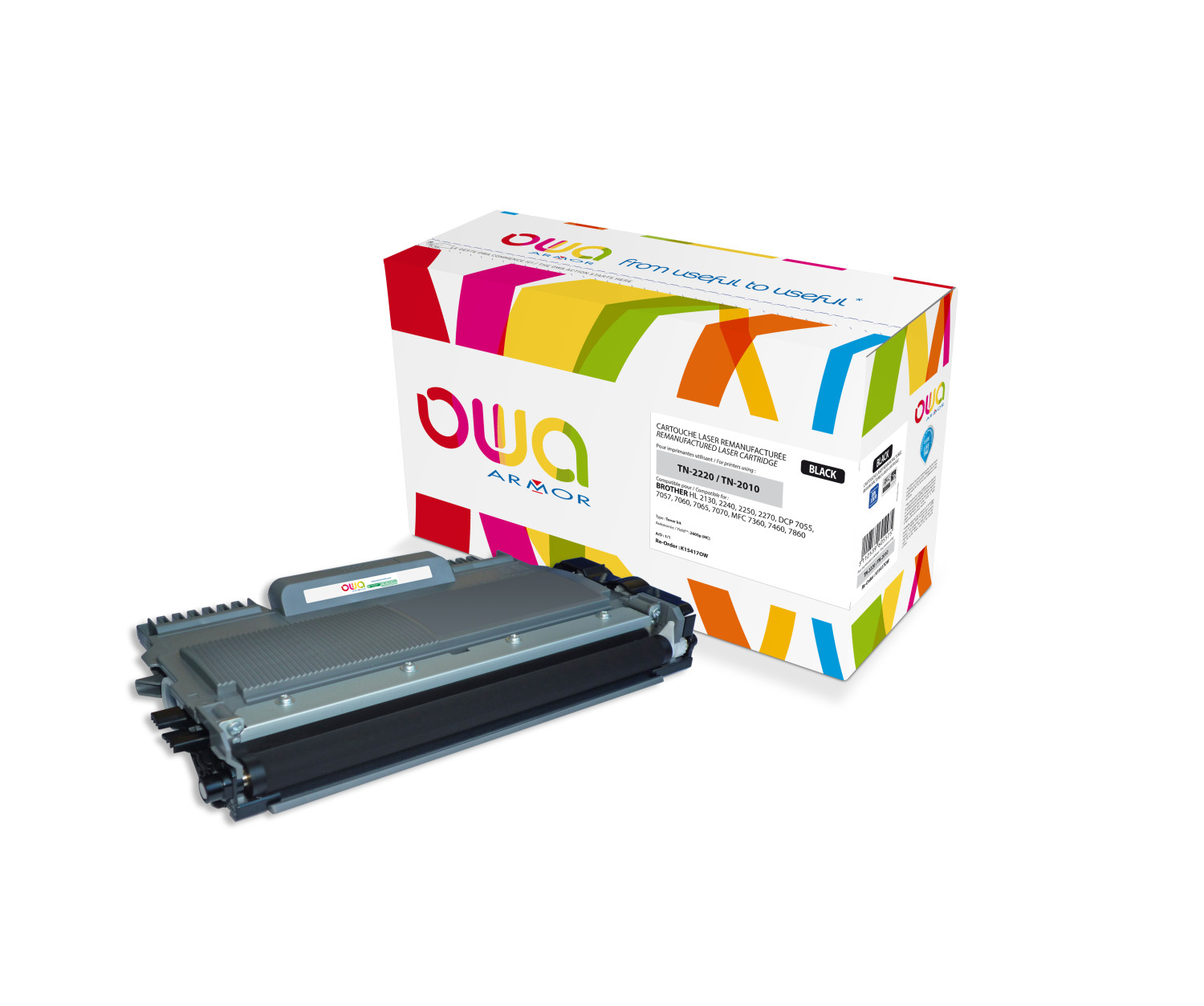 Una cartuccia toner laser nera OWA accanto alla sua scatola colorata.