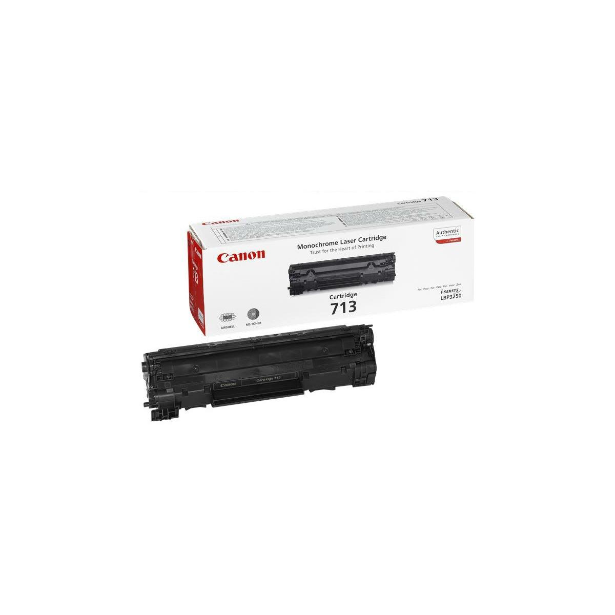 Una cartuccia laser Canon 713 e la sua confezione su sfondo bianco.