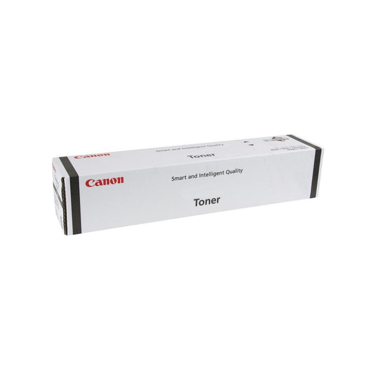 Een witte Canon tonercartridge doos met zwarte en rode branding. Tekst luidt 'Canon' en 'Toner'.