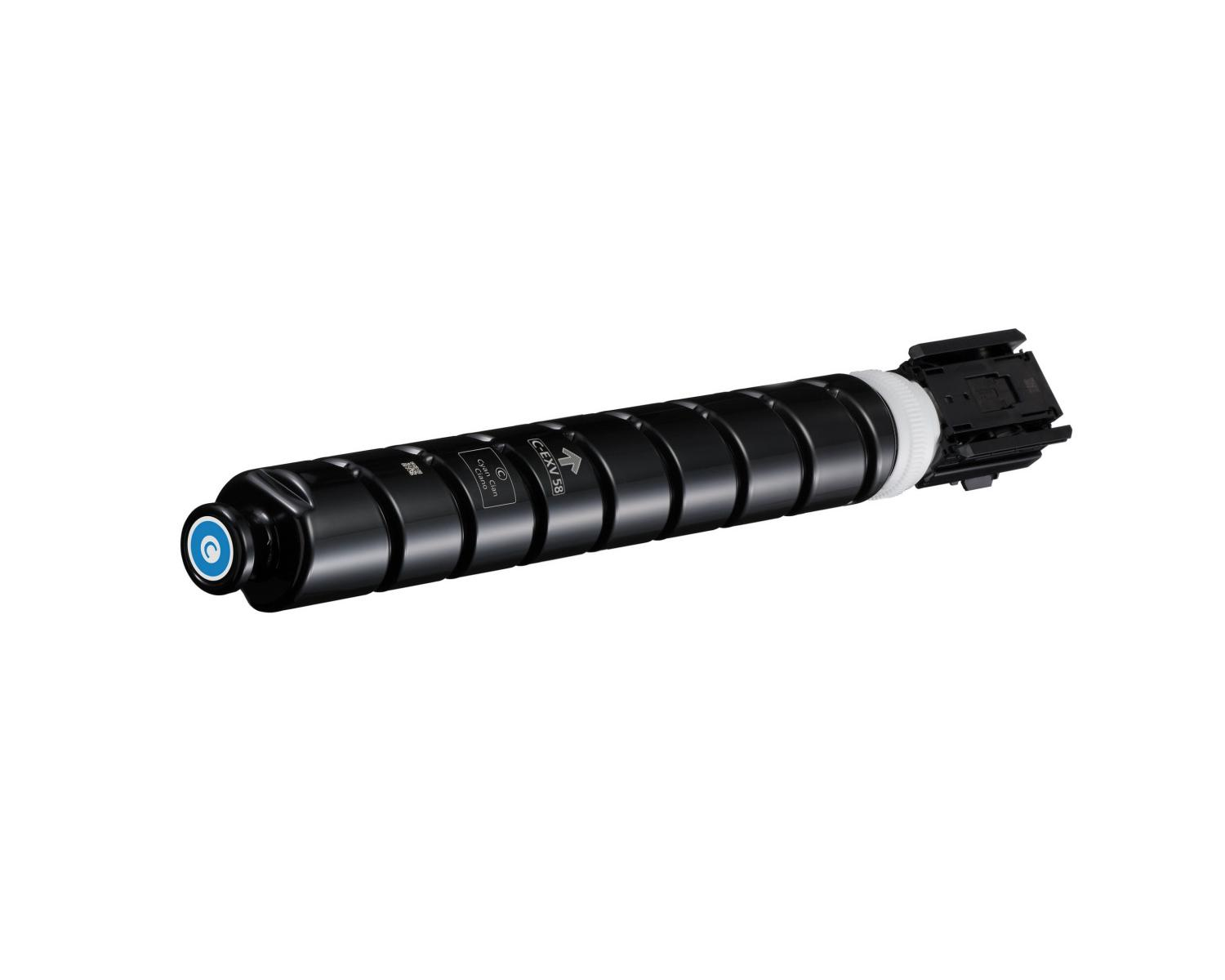 Black toner cartridge with a blue ring at the front and a black connector at the back.