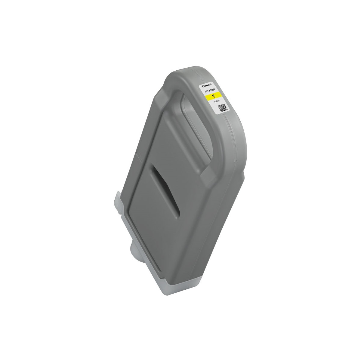 Een grijze Canon PFI-3700Y 700ml gele inkttank, schuin op een witte achtergrond, toont het bovenste etiket en de QR-code.