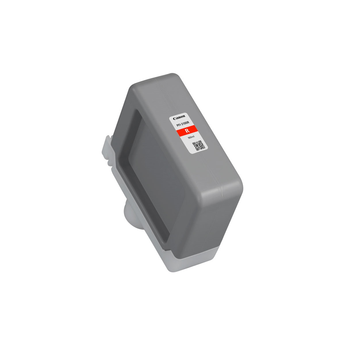 Grijze Canon PFI-310R inktcartridge met rood label en QR-code.