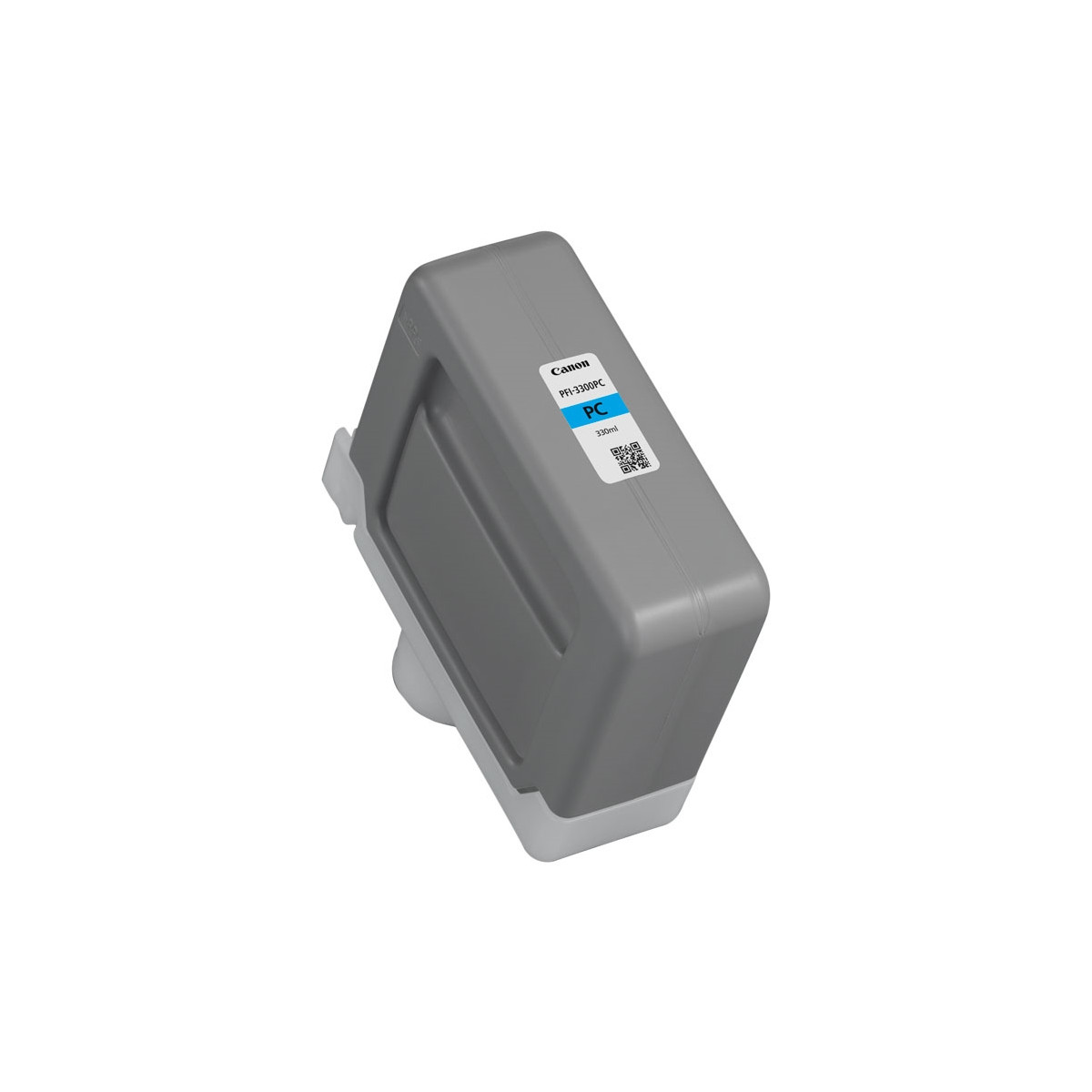 Grijze Canon PFI-3300PC inkttank met blauw label en QR-code.