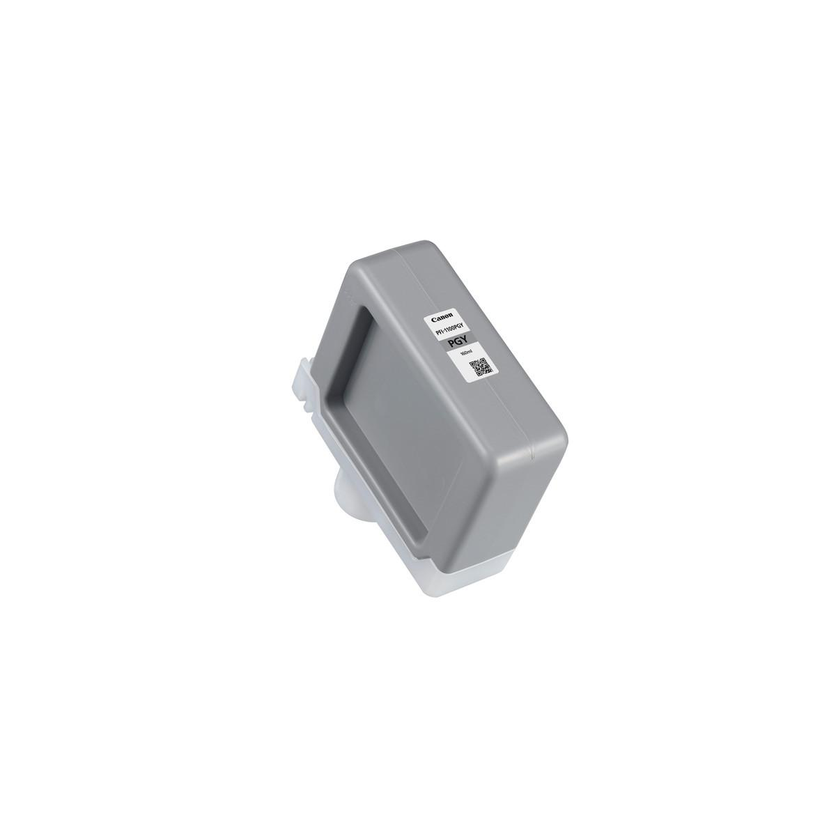 Grijze Canon PGI-1100GY inktcartridge met witte basis, op witte achtergrond.