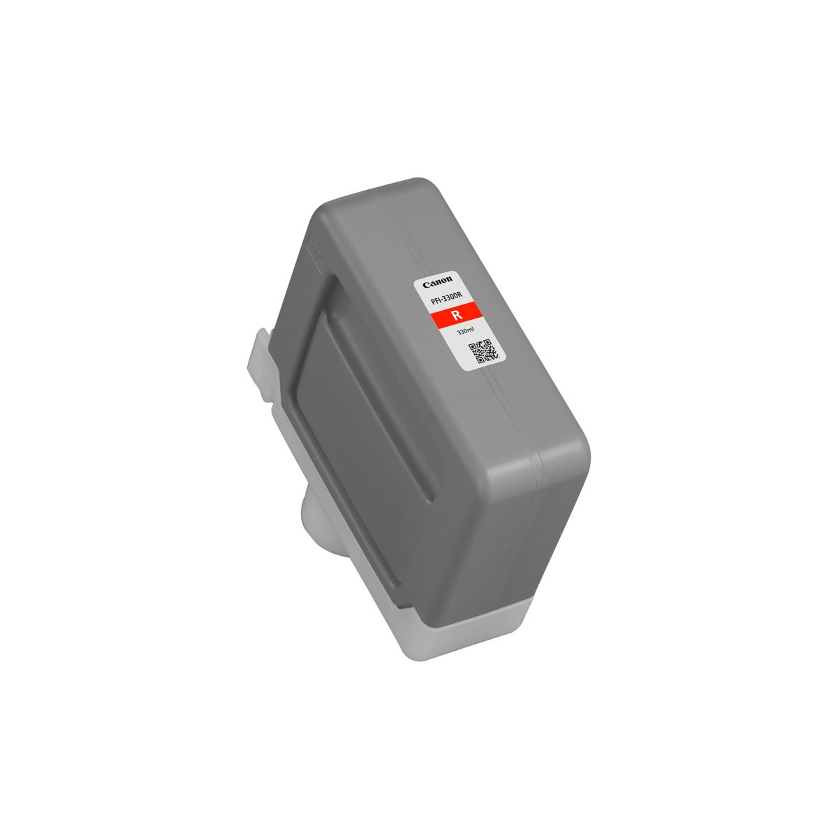 Grijze Canon PFI-3300R inktcartridge met rood label en QR-code.