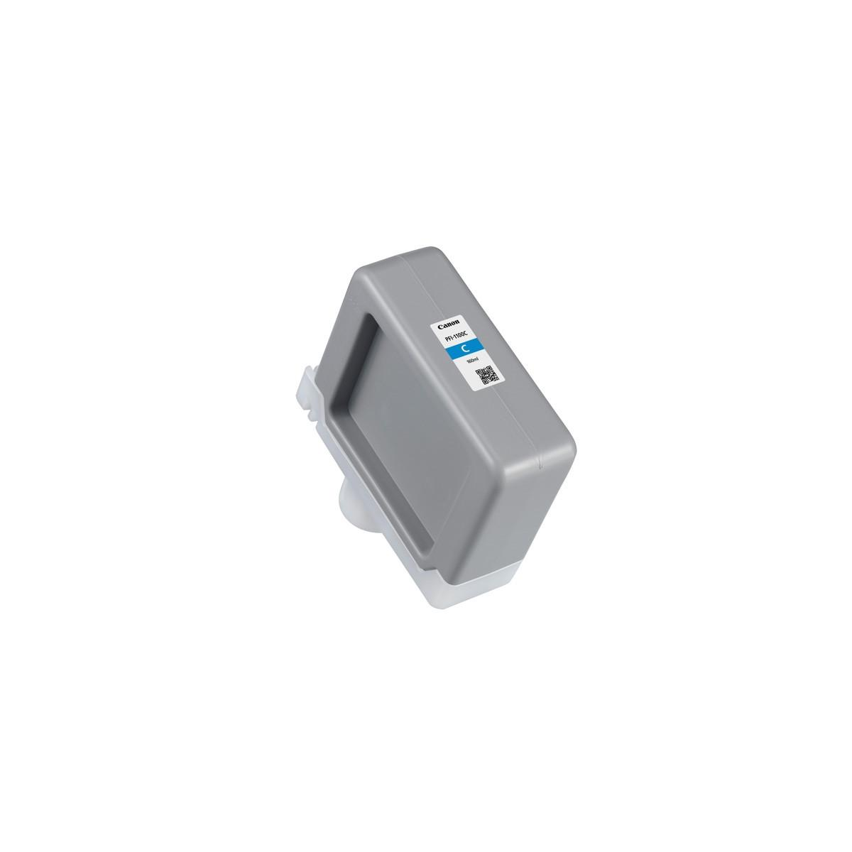 Serbatoio d'inchiostro Canon grigio con etichetta, codice QR e marchio 'C'.