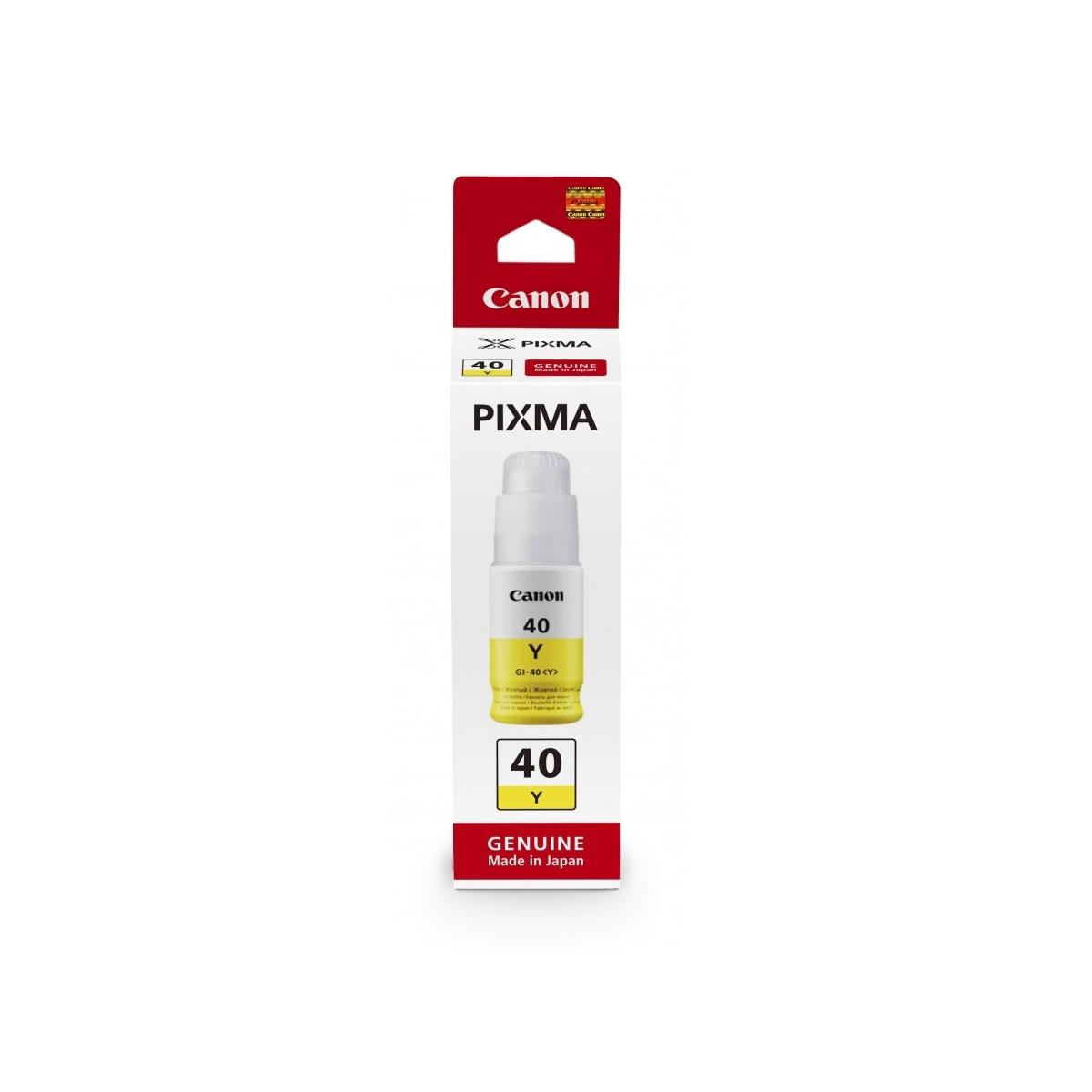Canon PIXMA GI-40 sarı mürekkep şişesi, "Genuine Made in Japan" etiketli.