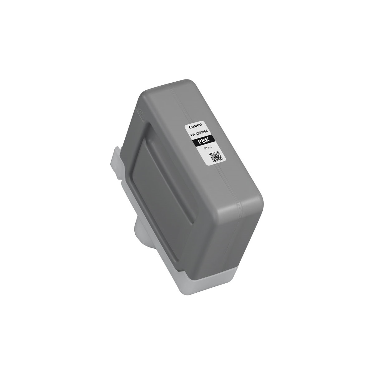 Grijze Canon PFI-3300PBK inktcartridge met zwart label en QR-code.