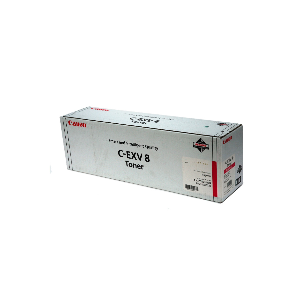 Scatola toner Canon C-EXV 8 Magenta, con etichetta 'Smart and Intelligent Quality'.