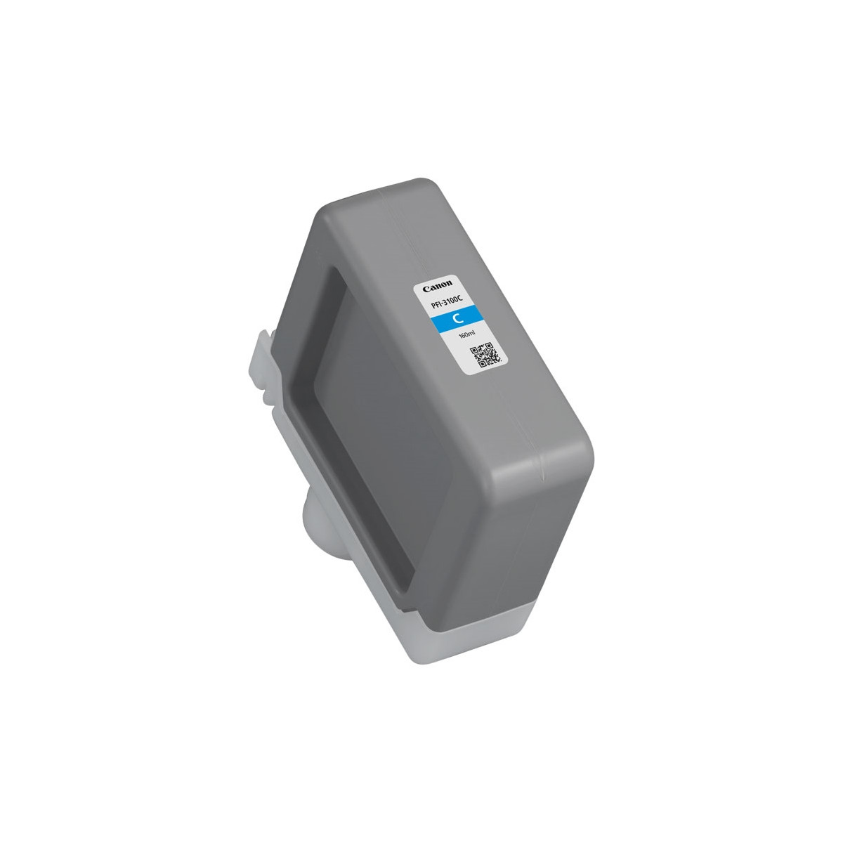Grijze Canon PFI-3100C inktcartridge met een blauw 'C'-label en QR-code.