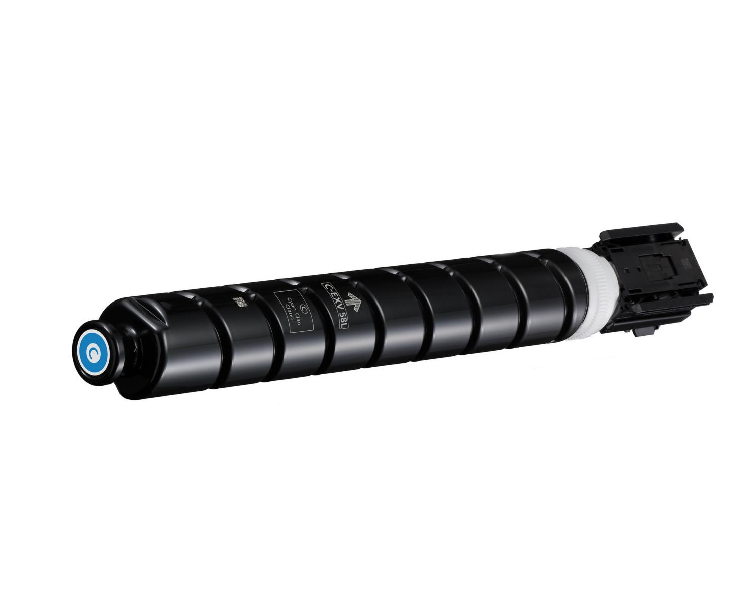 Cilindro de tóner negro con tapa azul y anillo blanco, etiquetado 'C-EXV 58L'.