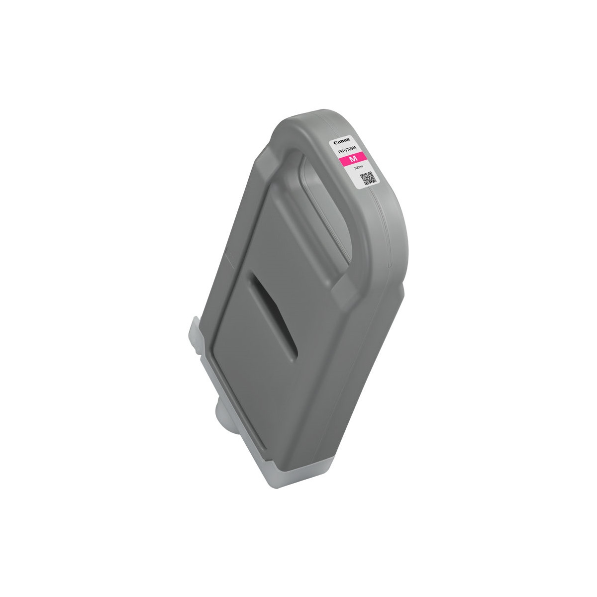 Cartuccia d'inchiostro Canon grigia con etichetta rosa e codice QR.