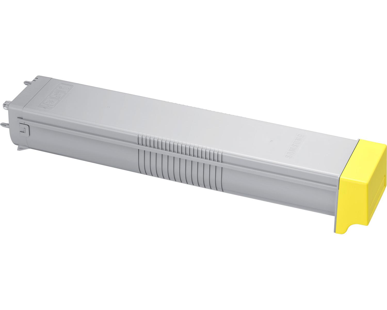 Cartuccia toner grigia con cappuccio giallo, logo Samsung e texture a coste.