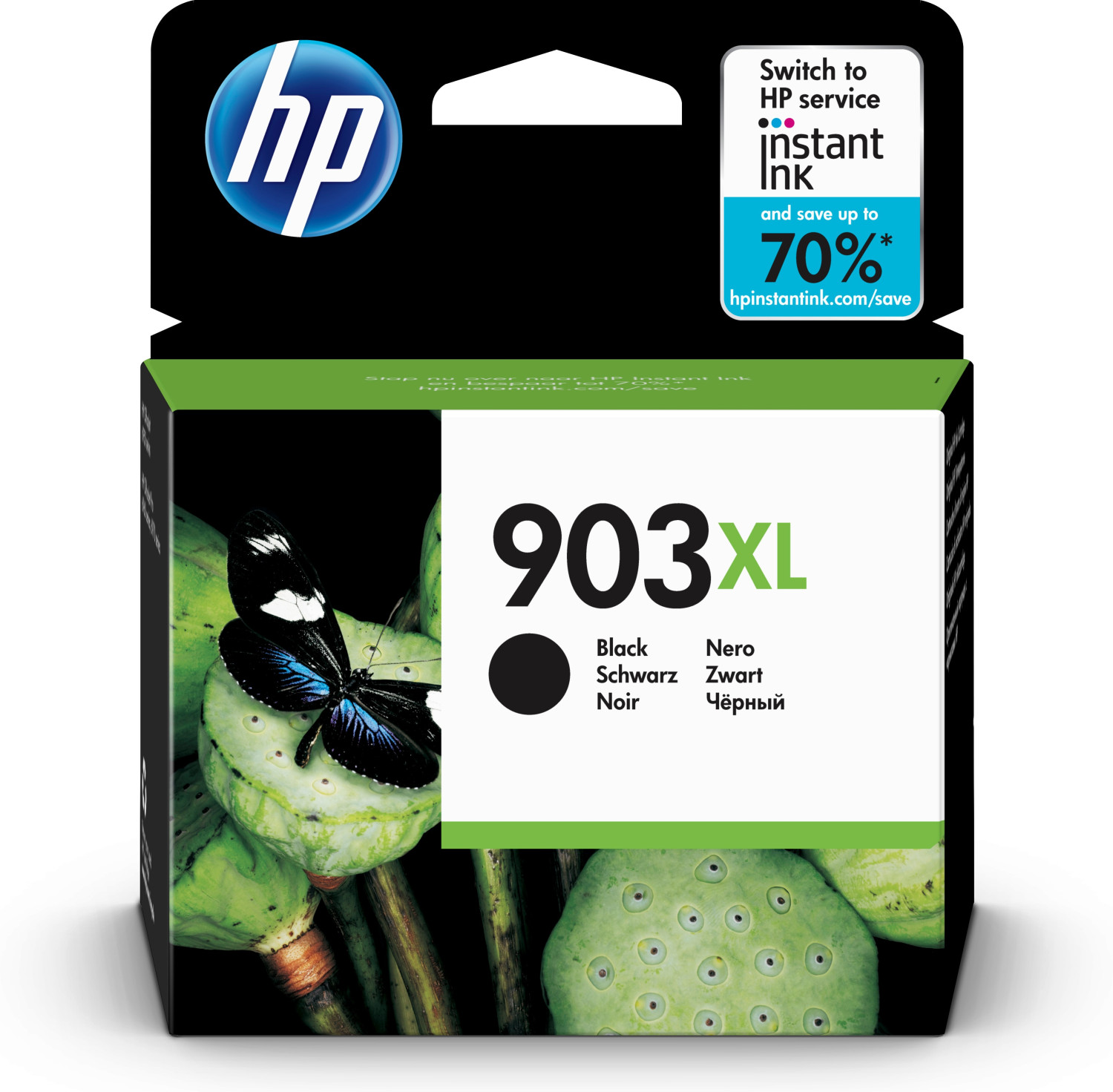 Czarny tusz HP 903XL z motylem na strąkach lotosu.