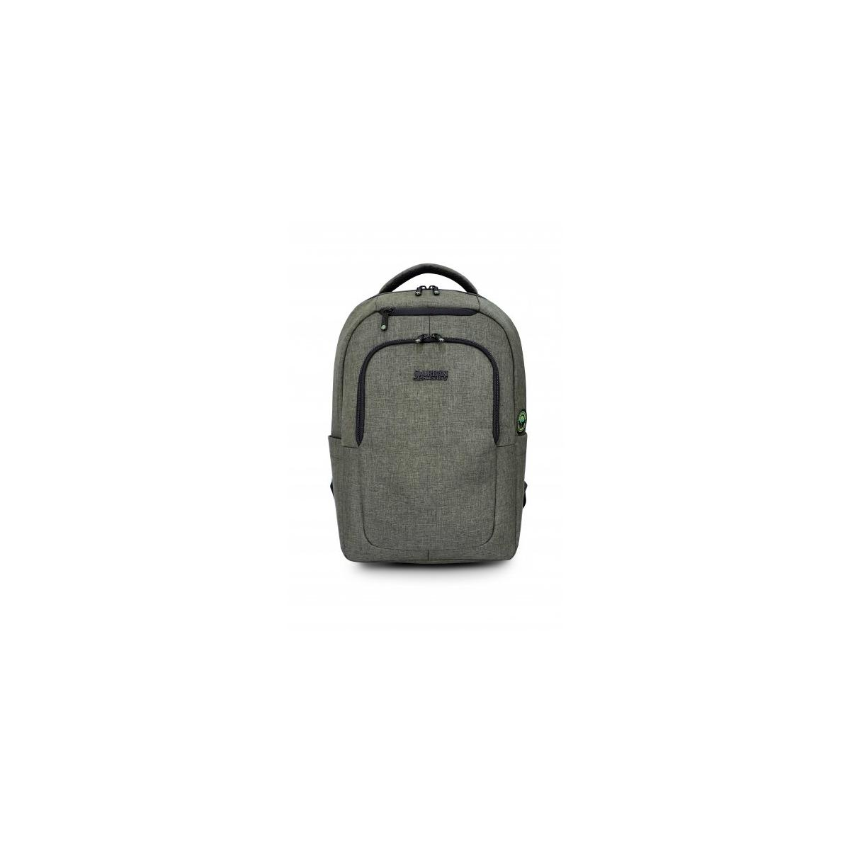 Ein grauer Rucksack mit schwarzen Reißverschlüssen und einem Logo auf der Vorderseite.
