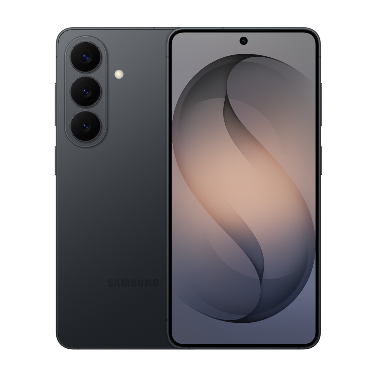 Smartphone grigio scuro con tre fotocamere posteriori e uno schermo d'arte astratta.