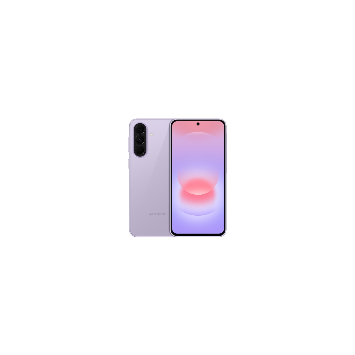 Ein lavendelfarbenes Samsung-Smartphone mit drei Kameras und einem Bildschirm.