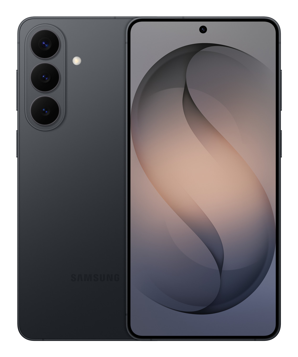 Ein dunkles Samsung Smartphone mit drei Kameras auf der Rückseite und einem ansprechenden Hintergrundbild.