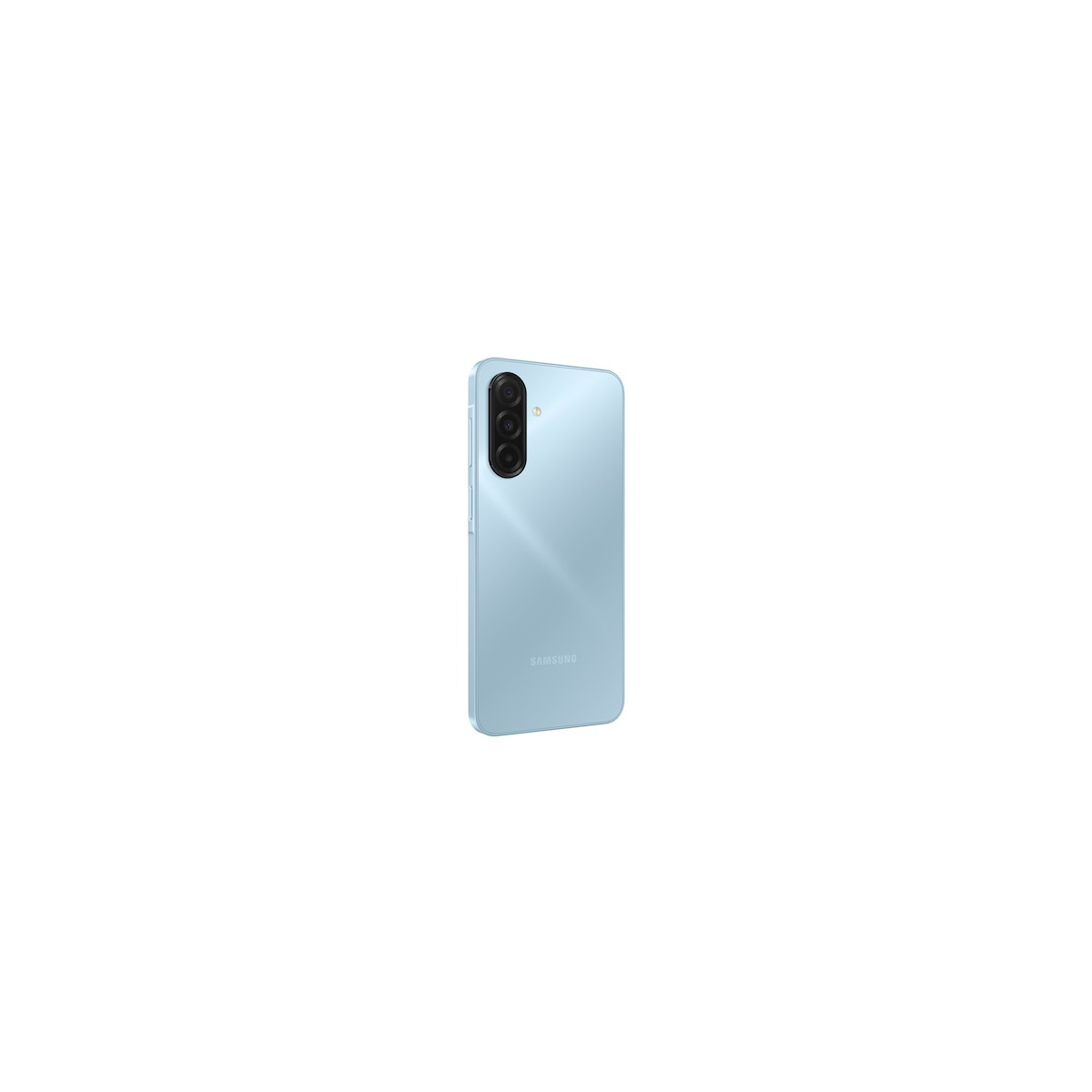 Ein hellblaues Samsung Smartphone mit drei Kameras auf der Rückseite.