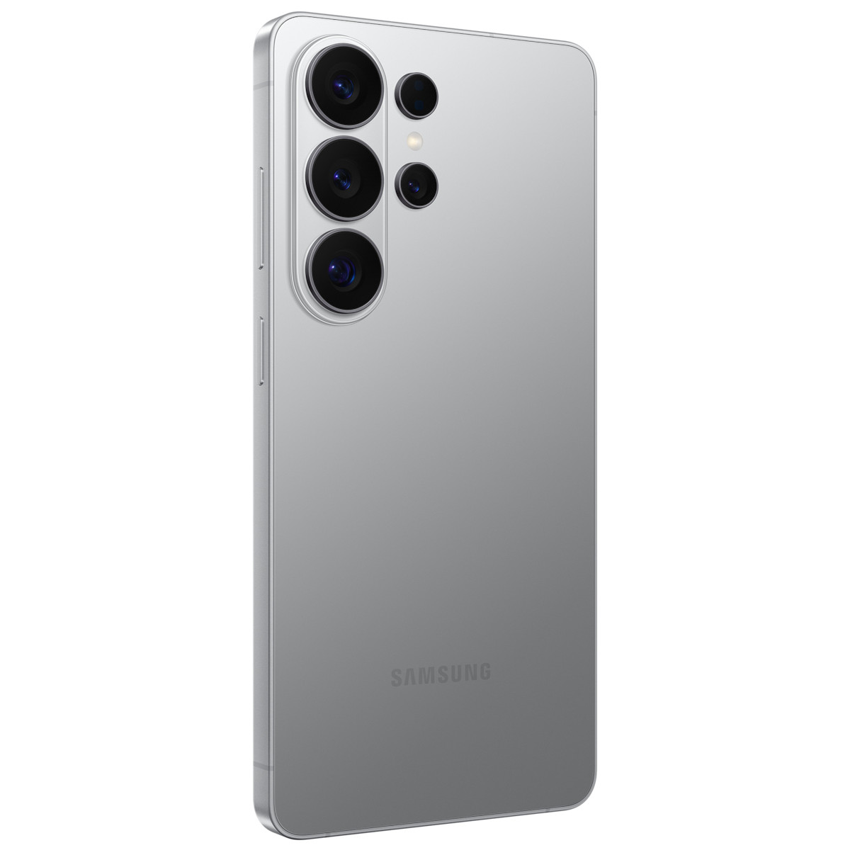 Un smartphone Samsung plateado con cuatro lentes de cámara y el logo de Samsung.