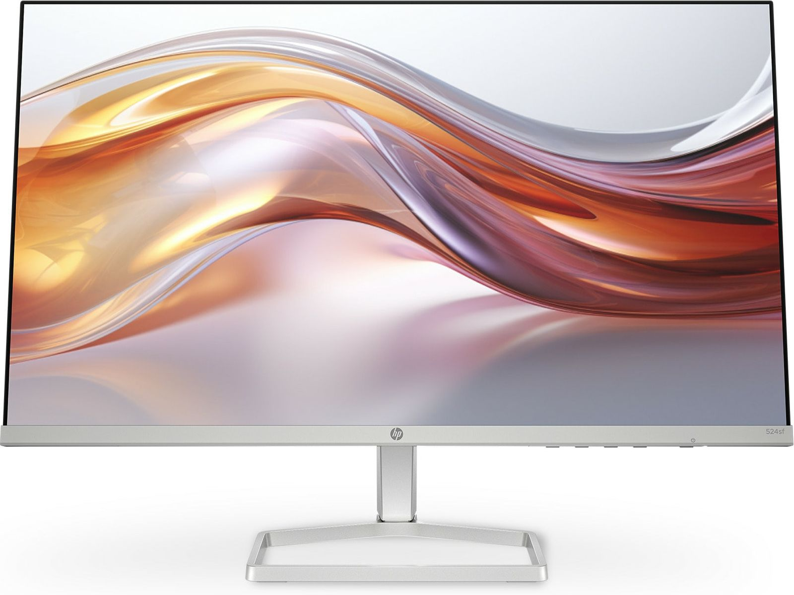 Ein silberner HP-Monitor zeigt ein abstraktes, fließendes Design mit Orange- und Lilatönen.