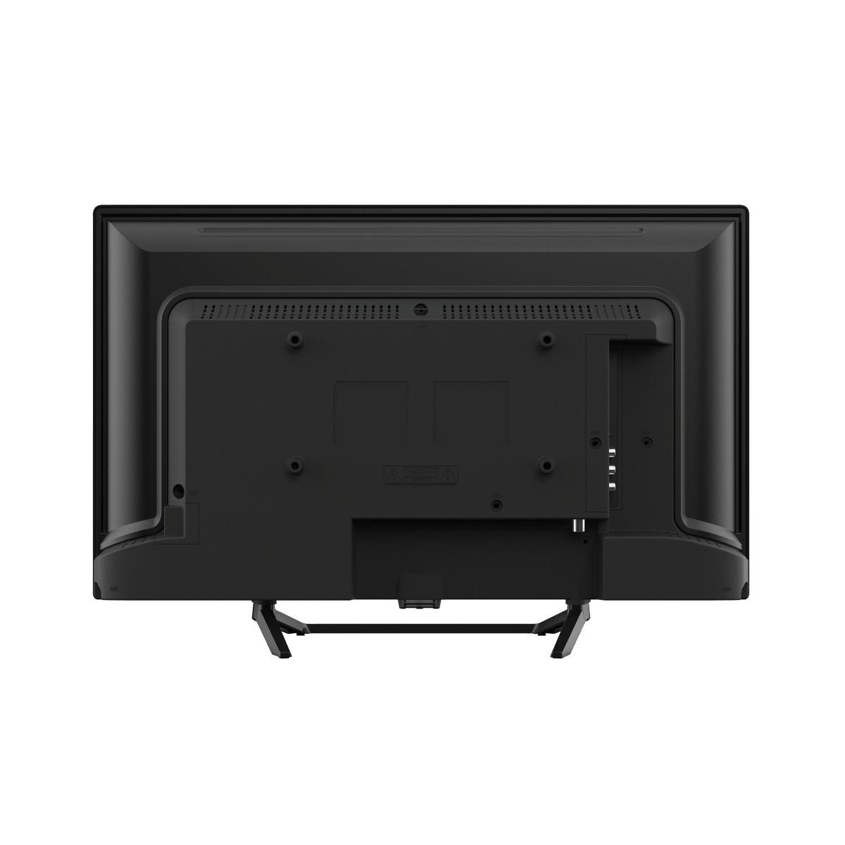 Vue arrière d'un téléviseur noir à écran plat sur un support, montrant les ports et la ventilation.
