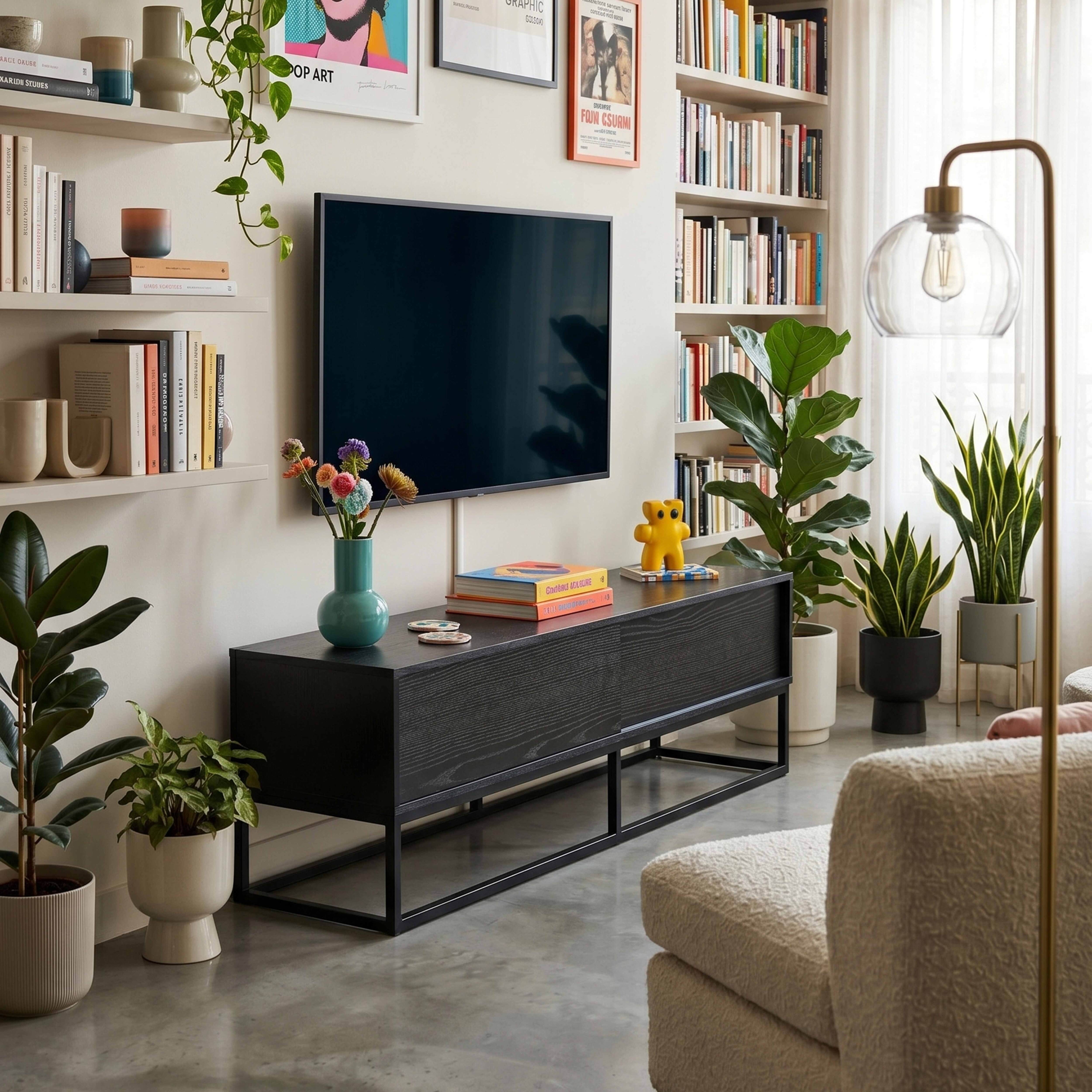 Ein Wohnzimmer mit Fernseher, Bücherregalen, Pflanzen und Möbeln.