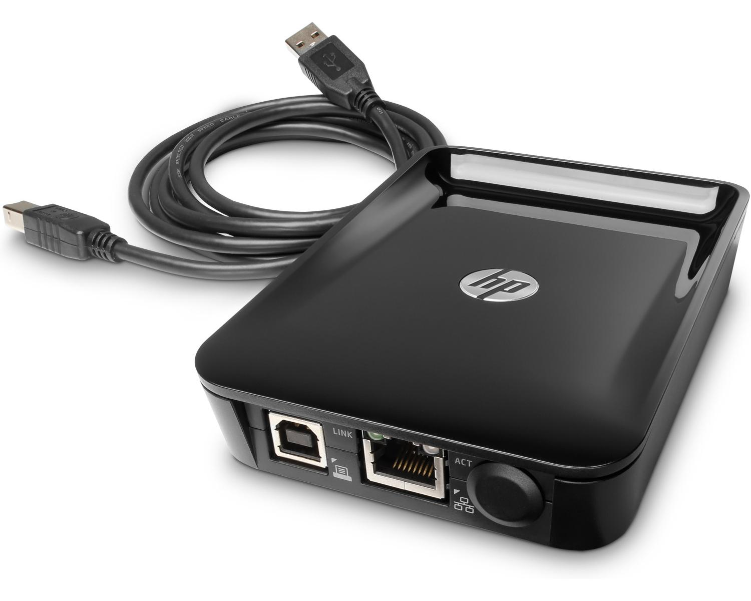 Dispositivo HP nero con porte USB ed Ethernet, e un cavo USB arrotolato.