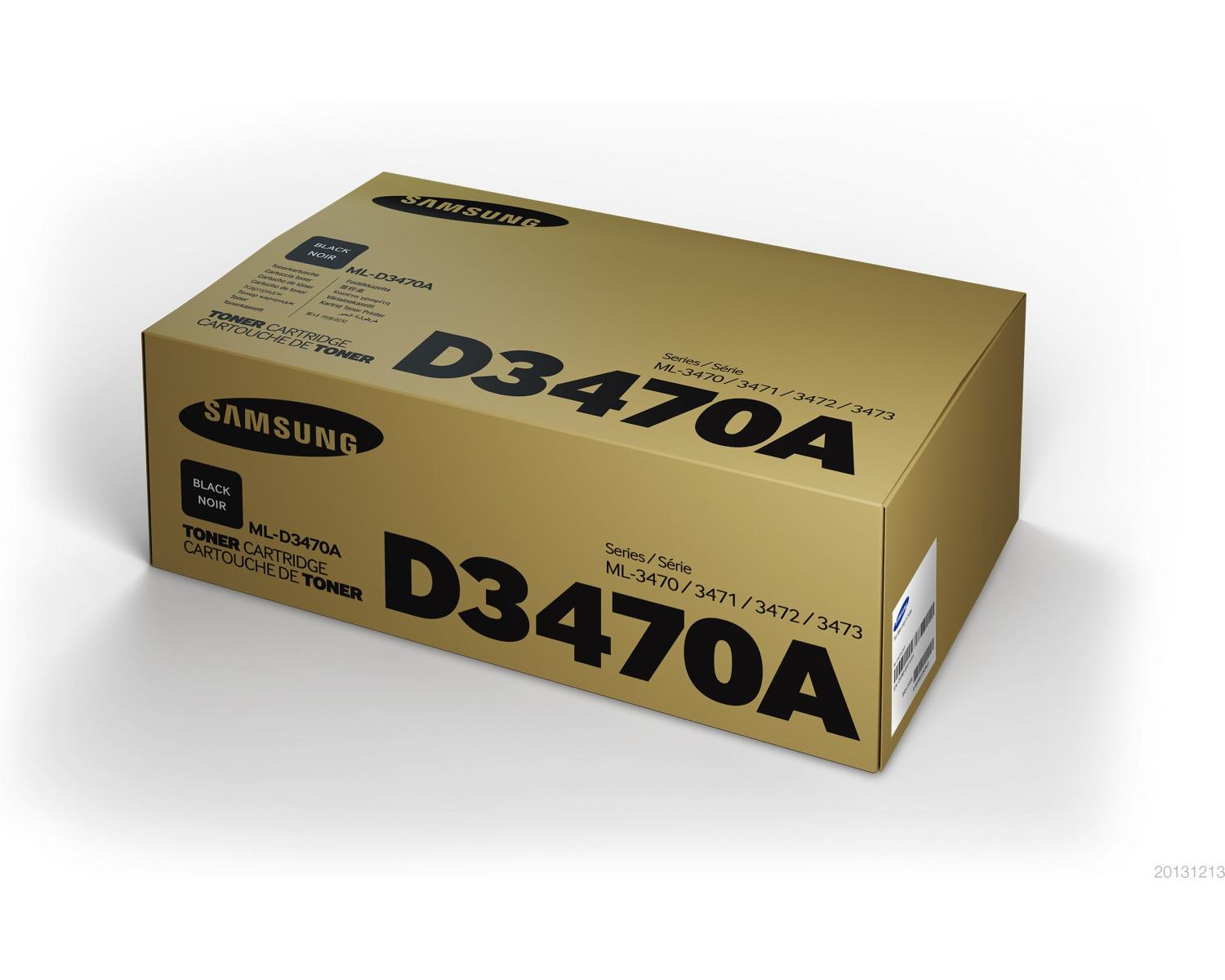 Goldene Samsung Toner-Verpackung mit schwarzem Aufdruck ML-D3470A.