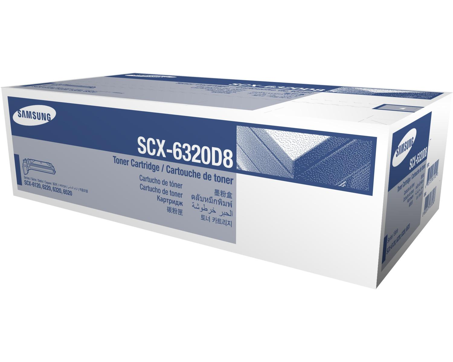 Cartuccia toner Samsung SCX-6320D8 su sfondo bianco.