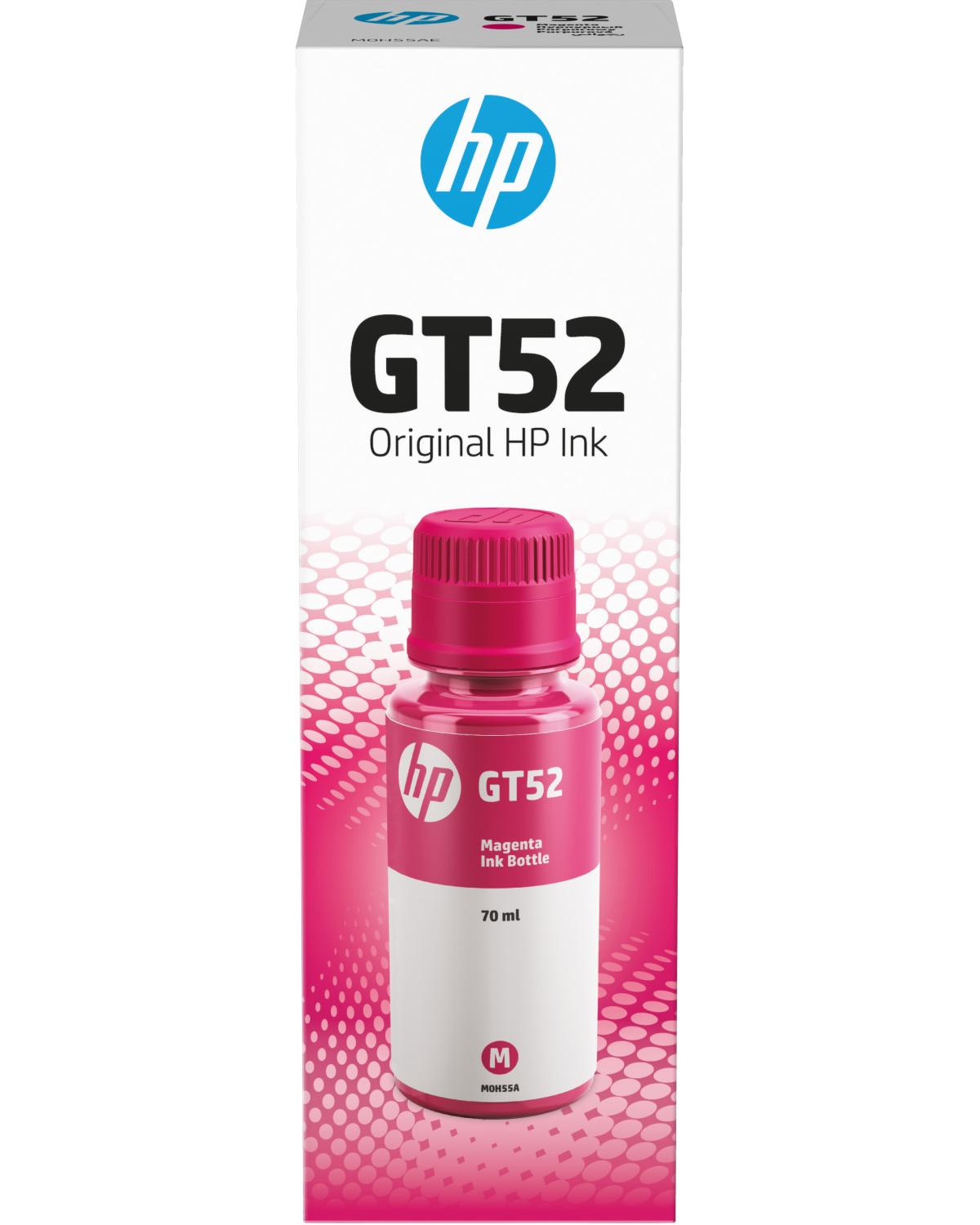 HP GT52 magenta mürekkep şişesi, 70 ml, HP logosu ve metinli beyaz kutuda.