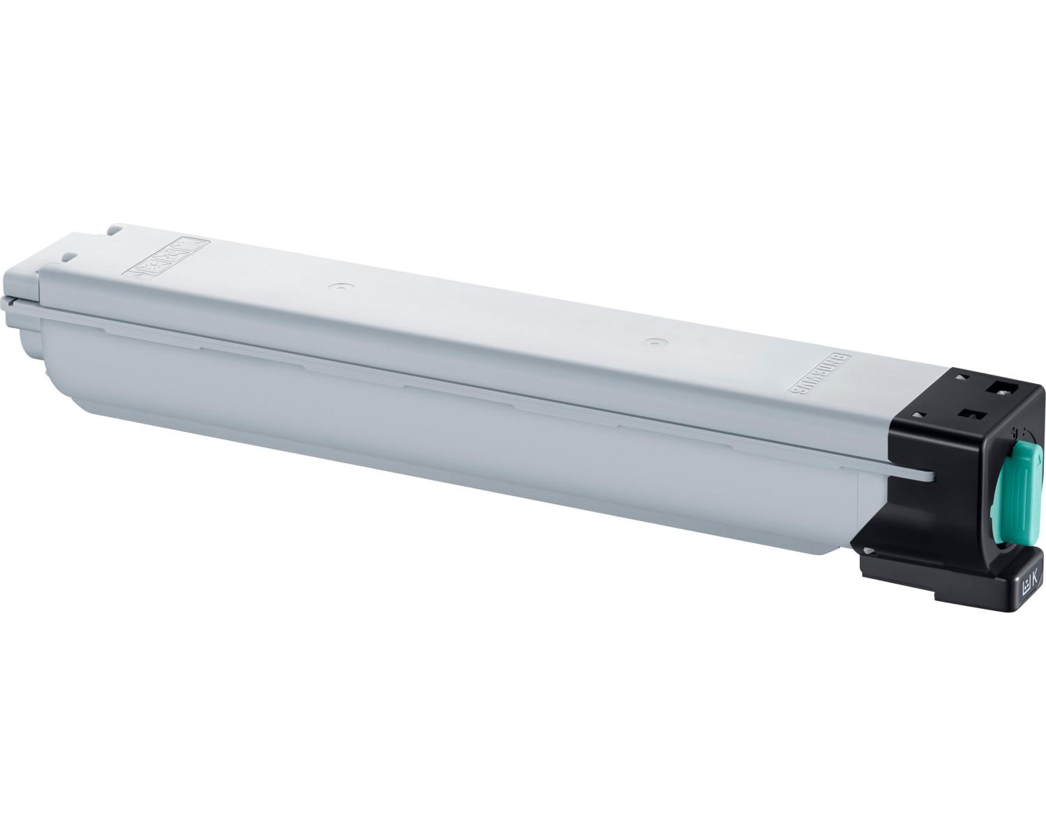 Een grijze toner cartridge met zwarte en groene connector op witte achtergrond.