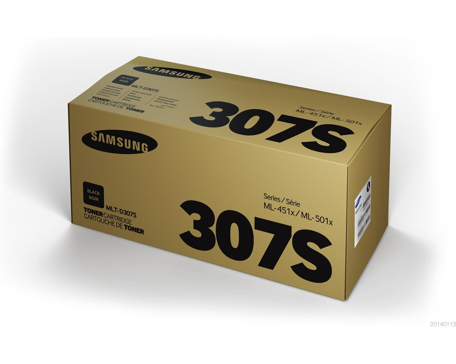 Scatola toner Samsung dorata con testo nero, modello MLT-D307S.