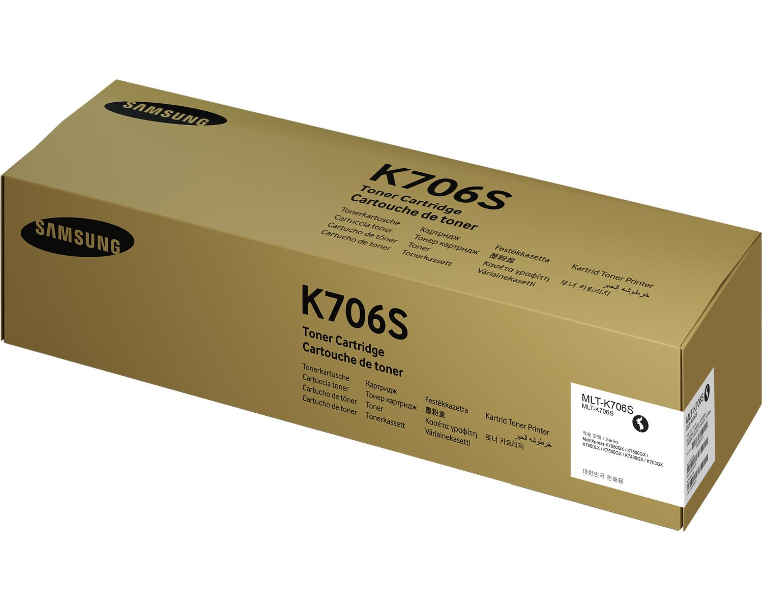 Samsung K706S tonercartridge op een gouden doos met meerdere talen.